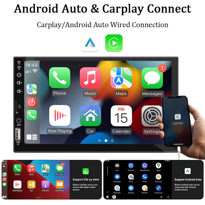 Rádio Android 7" com CarPlay e Bluetooth