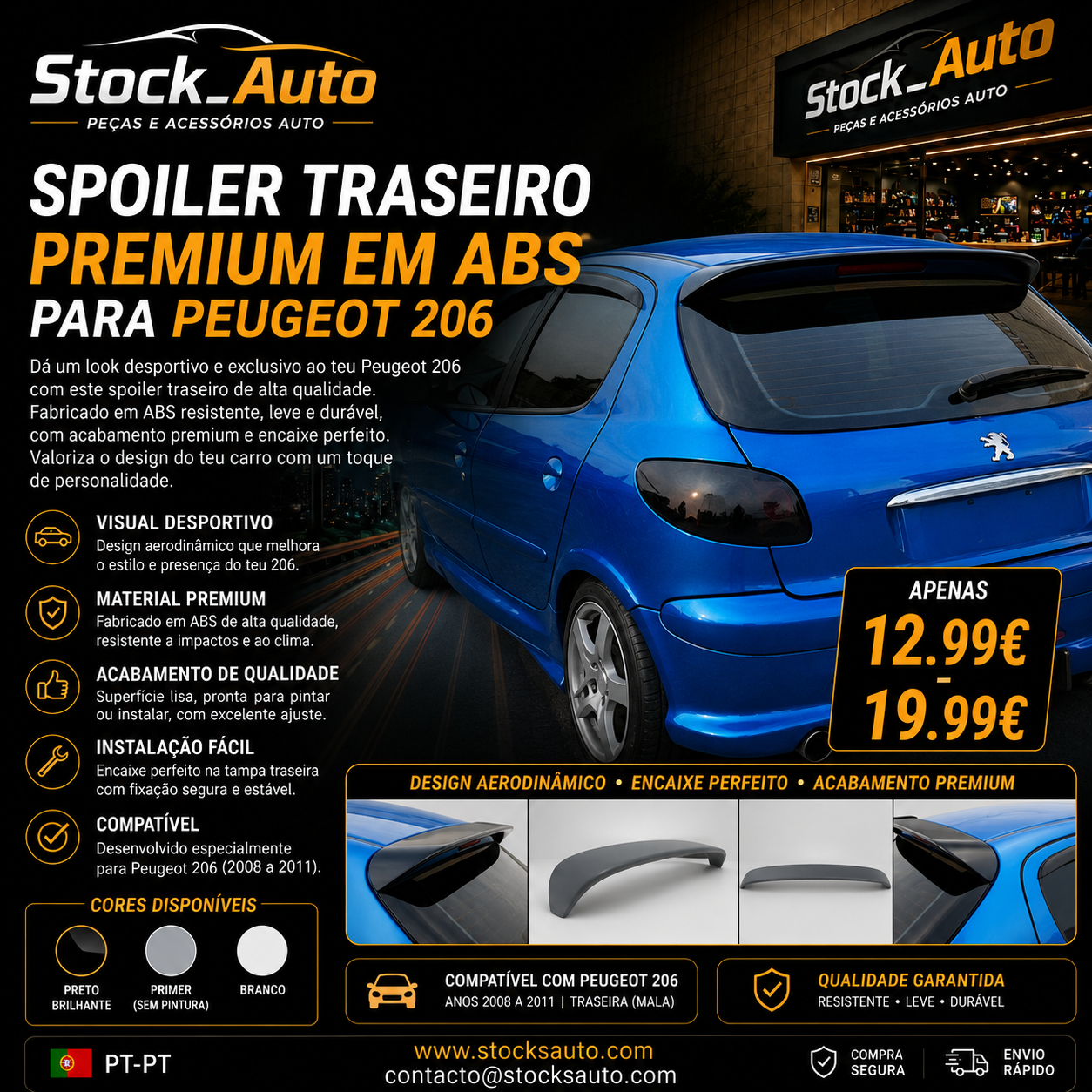 Spoiler Traseiro Premium em ABS para Peugeot 206