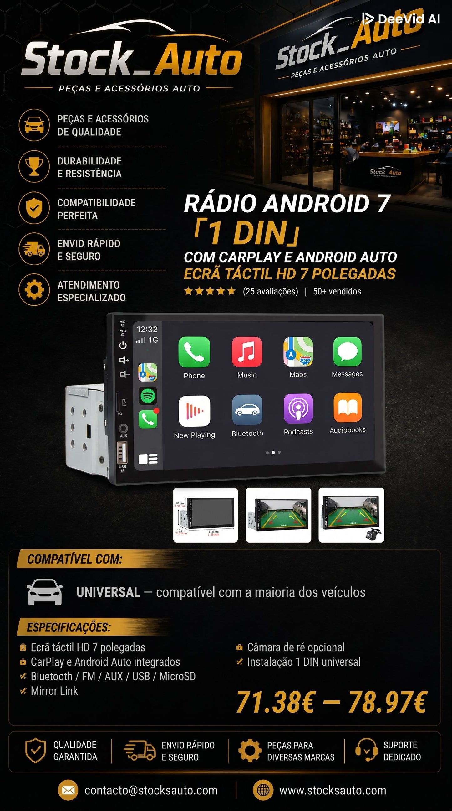 Rádio Android 7" com CarPlay e Bluetooth