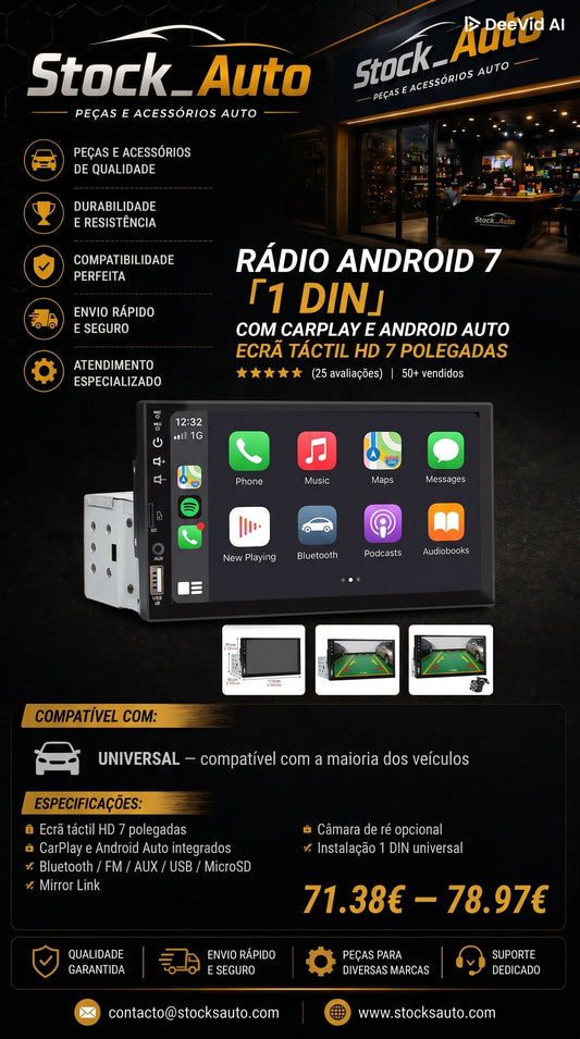 Rádio Android 7" com CarPlay e Bluetooth